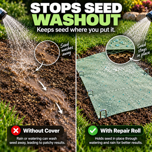 Lawn repair roll helping stop grass seed washout during watering