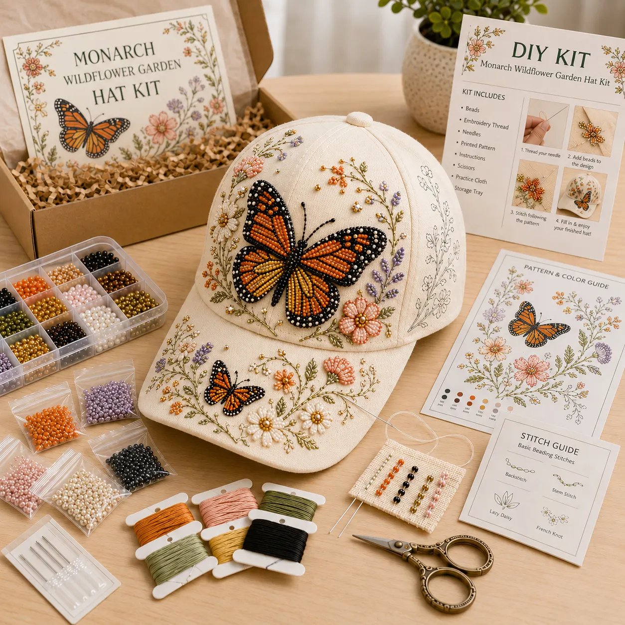 🌸🐦Hummingbird Garden Beaded Hat DIY Kit – Create Wearable Art by Hand🌿✨