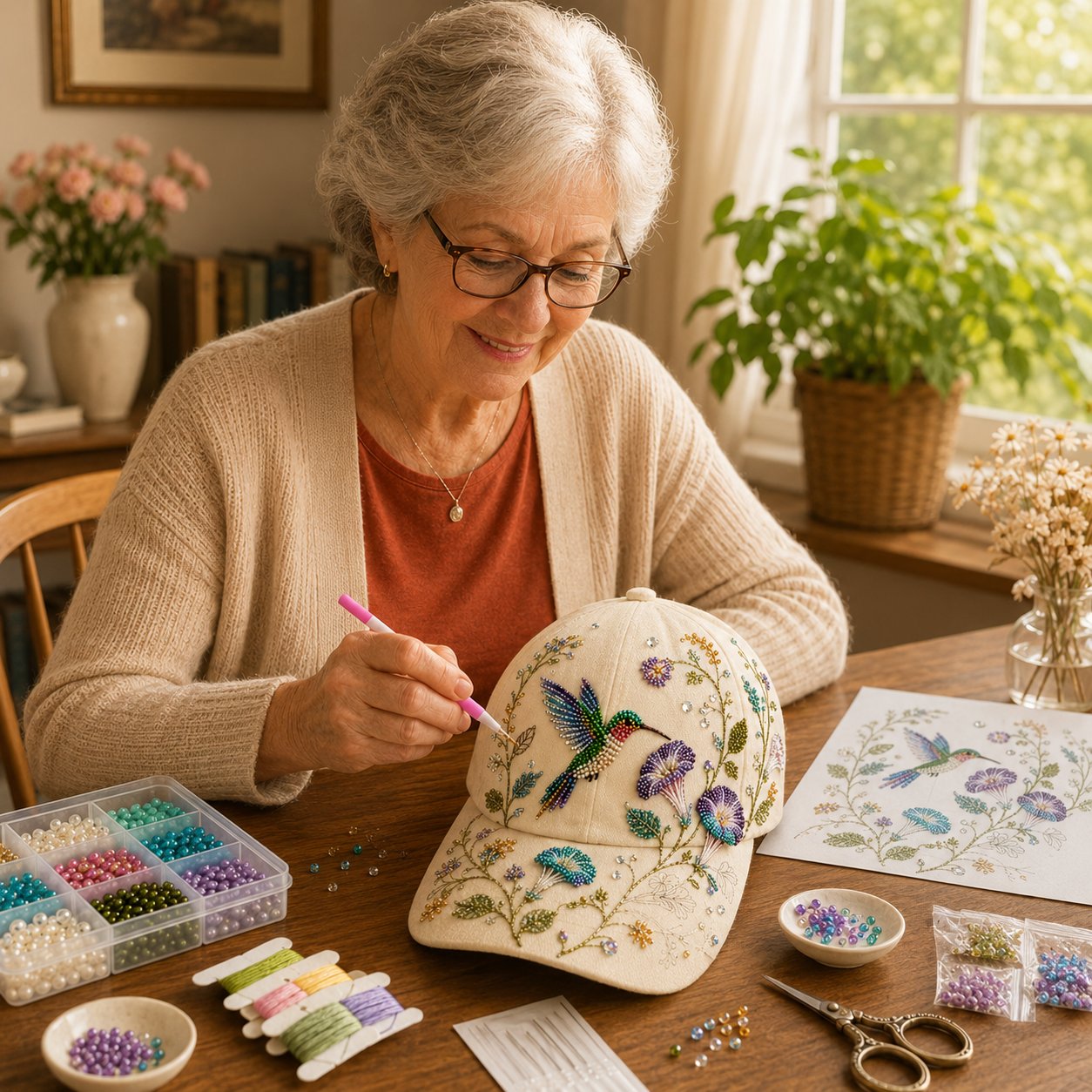 🌸🐦Hummingbird Garden Beaded Hat DIY Kit – Create Wearable Art by Hand🌿✨