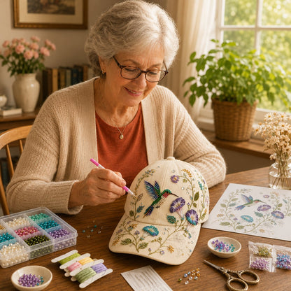 🌸🐦Hummingbird Garden Beaded Hat DIY Kit – Create Wearable Art by Hand🌿✨