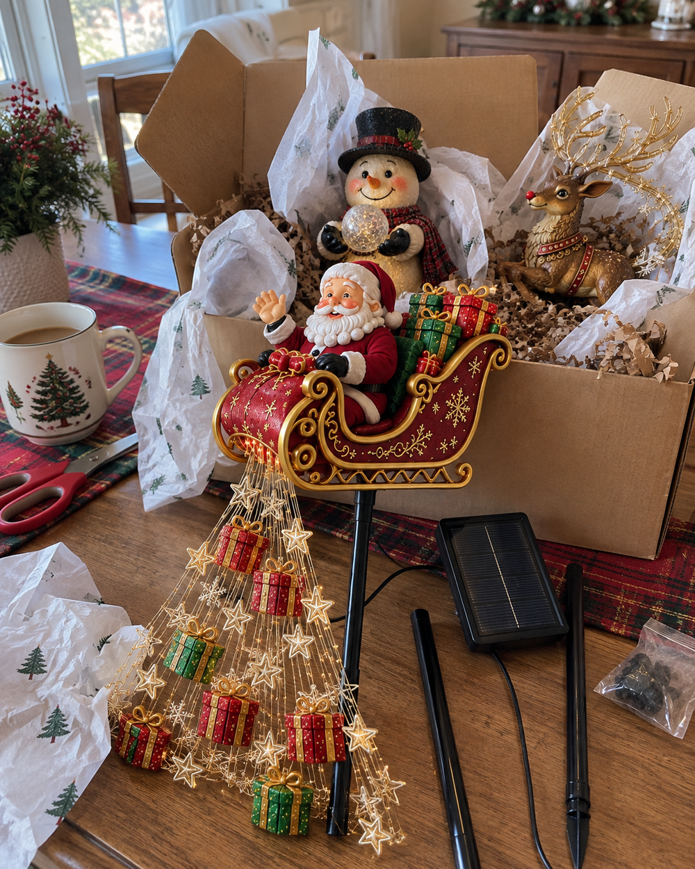 Santa sleigh solar garden light outdoor home setup