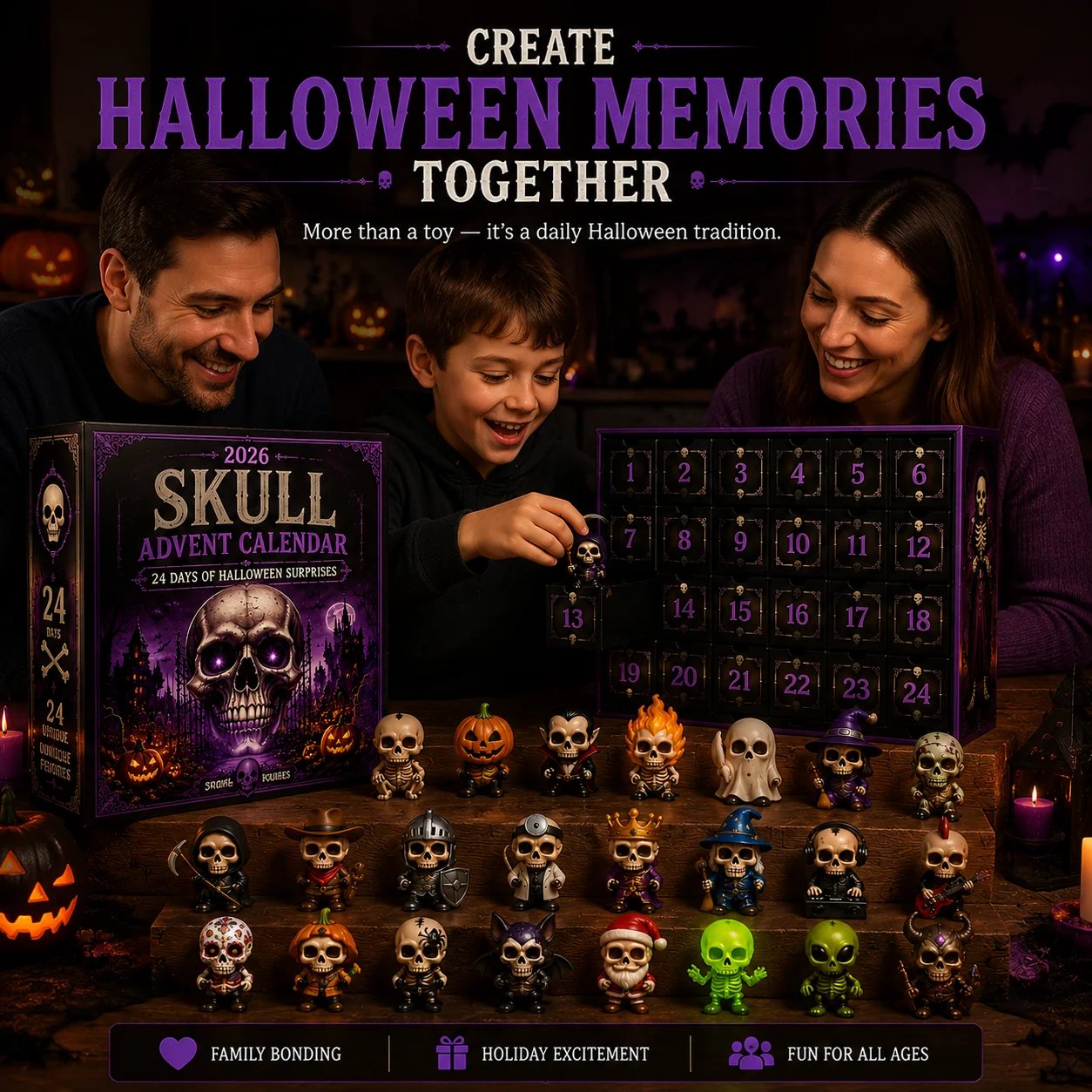 2026 Skull Halloween Advent Calendar | 24 Unique Collectible Skull Characters with Vampire, Pirate, Wizard & Monster Designs 🎃