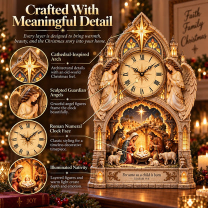 Cathedral-style Bethlehem Nativity clock – the Christmas story bathed in warm light.