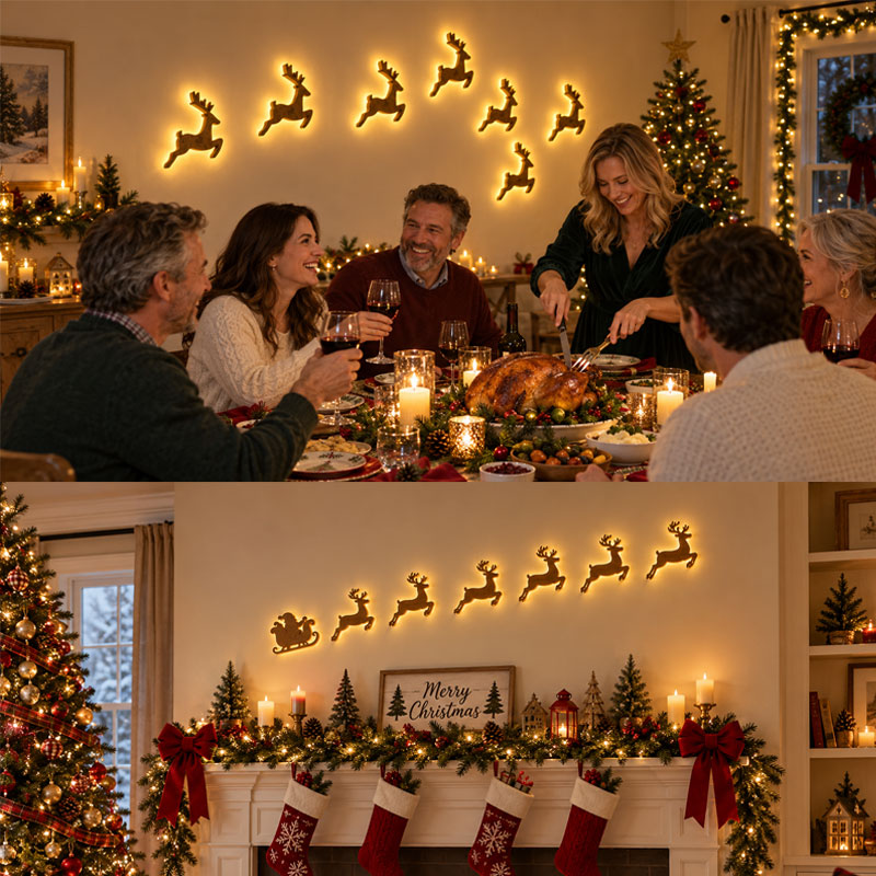 Christmas reindeer wall lights arranged in festive scene