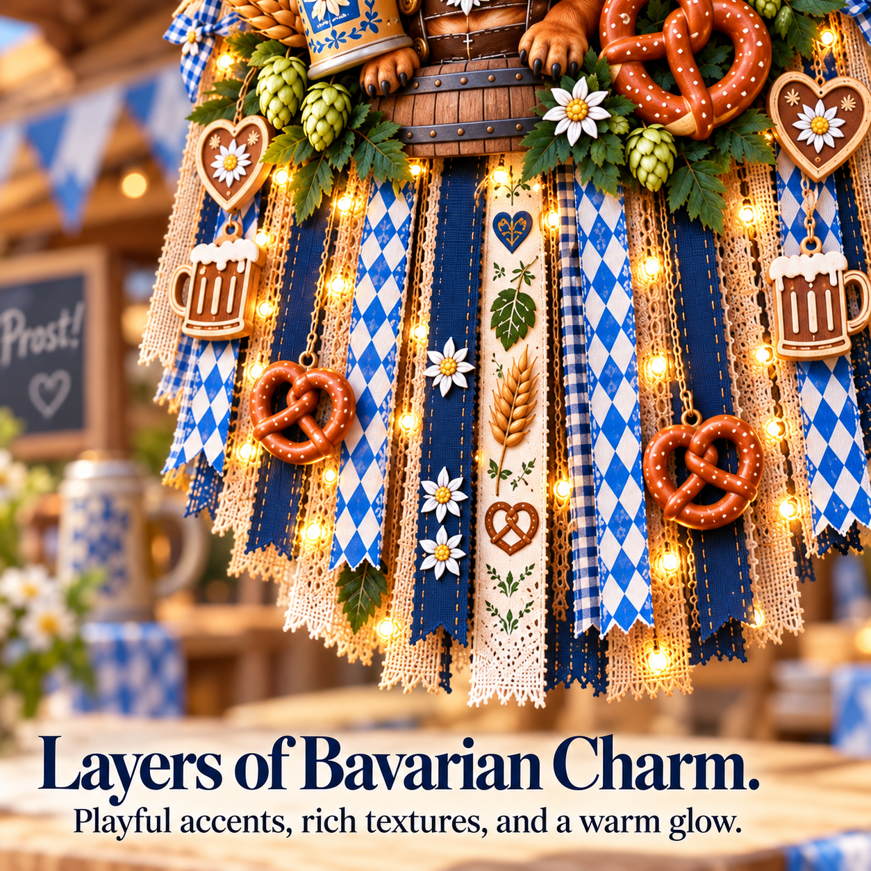 Close view of layered Bavarian ribbons, pretzels and decorative accents