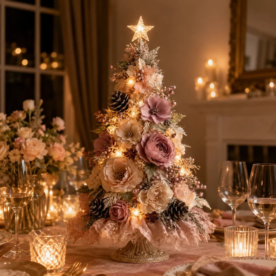 Mother receiving a Blush Bloom floral Christmas tree as a gift