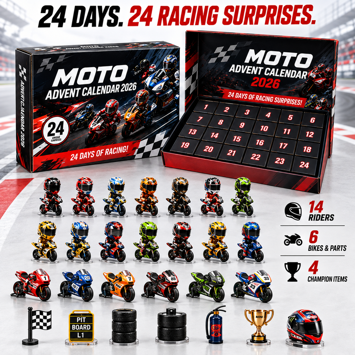 Complete 24-piece motorcycle racing advent calendar collection