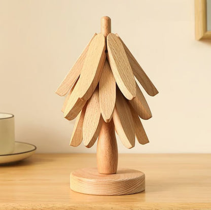 ✨Natural Tree Trivet Set - 4 Wooden Trivets & 1 Stand Like a Christmas Tree