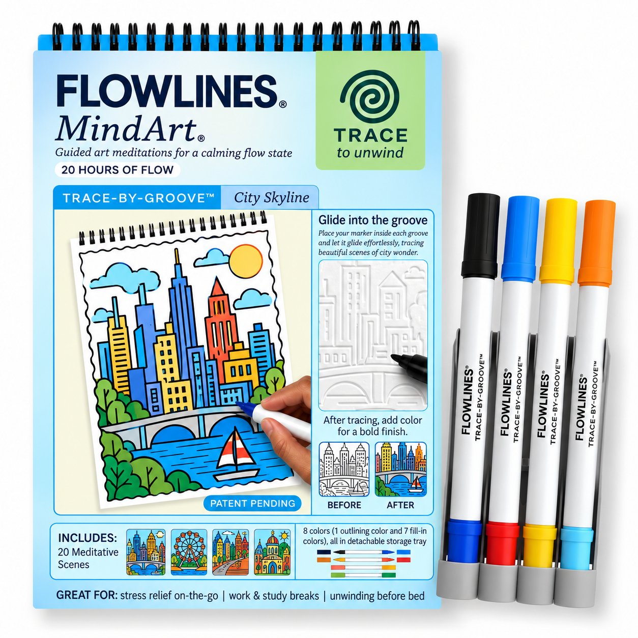 🌿 Trace-By-Groove Guided Flow Art Coloring Pad with Double-Sided Markers 🎨