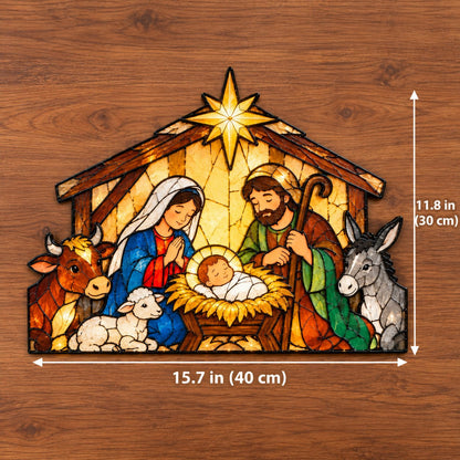 ✝️ Nativity Scene Christmas Decoration 🎄✨ Stained Glass Style Holy Family Display with Baby Jesus, Mary, Joseph & Stable Animals 🕊️🎁