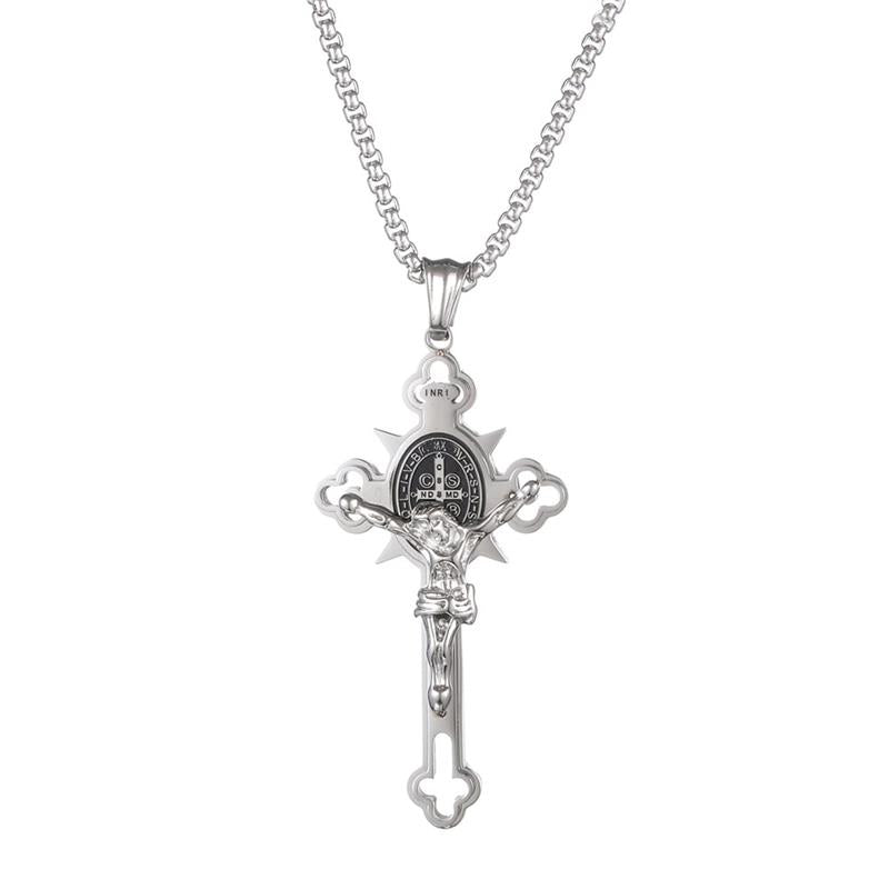 ✝️ Faith & Strength Cross Pendant – Saint Benedict-Inspired Stainless Steel Necklace