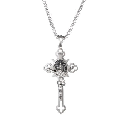 ✝️ Faith & Strength Cross Pendant – Saint Benedict-Inspired Stainless Steel Necklace