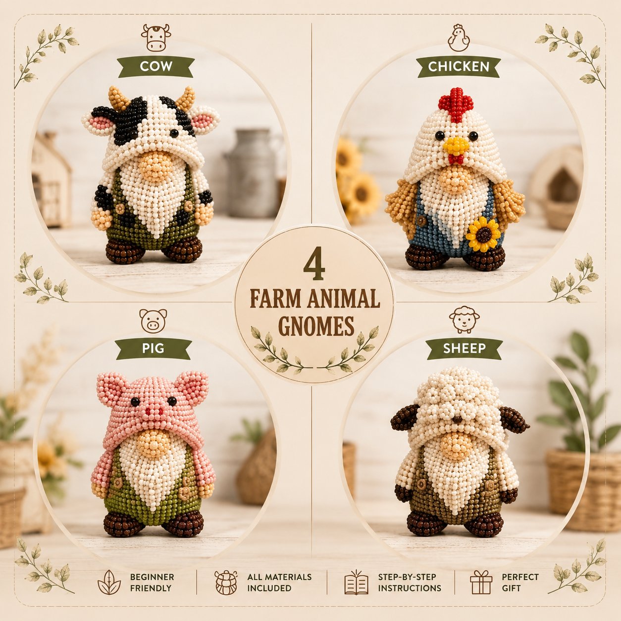 🔥Last Day 70% OFF❤️3D Beaded Farm Animal Gnome DIY Kit
