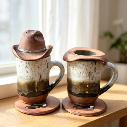 📍🤠 Cowboy Hat Ceramic Tea Mug Set | Western Handmade Cup with Hat Tea Strainer & Cowboy Boot Coaster, Rustic Farmhouse Gift