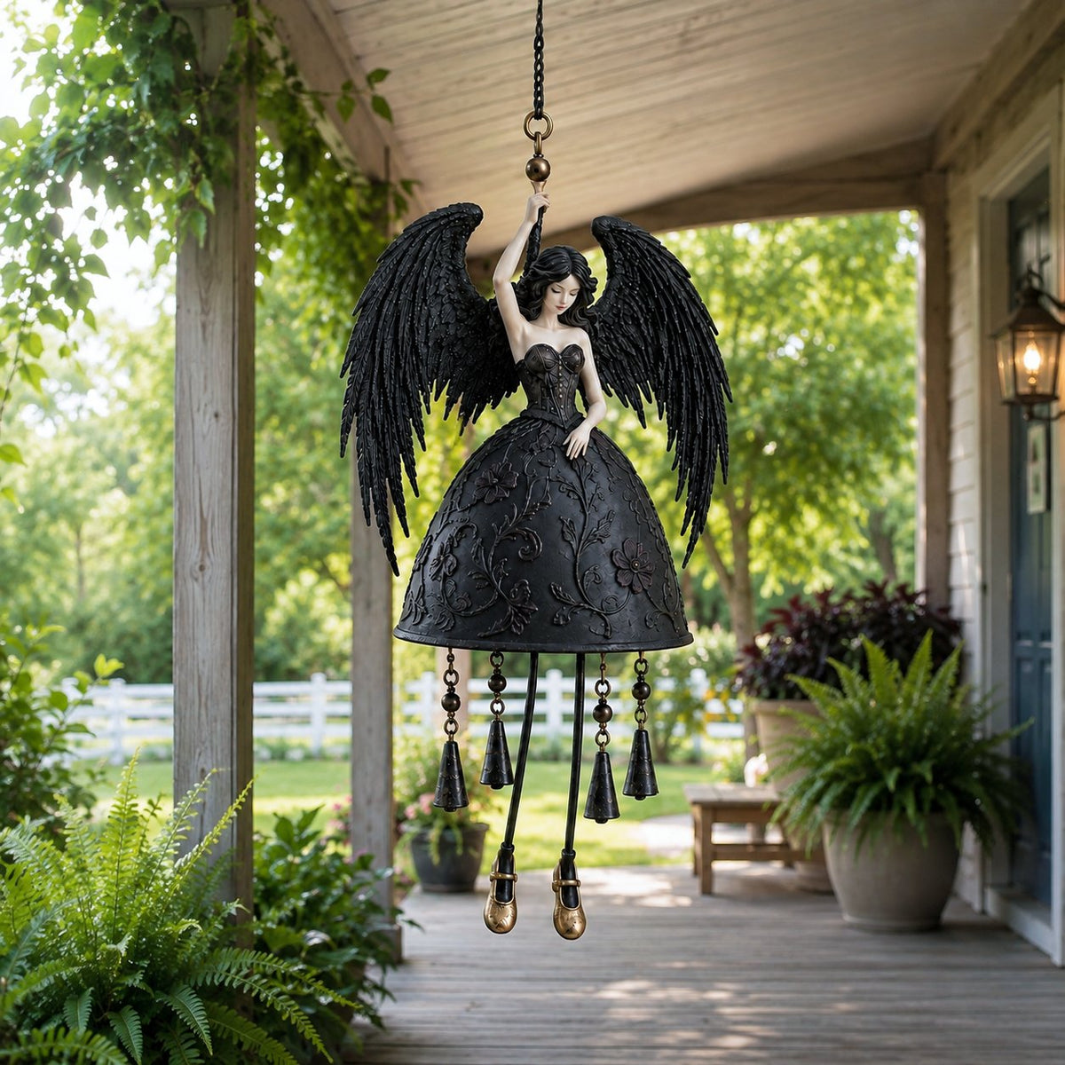 Dark Angel wind chime styled on a light covered porch
