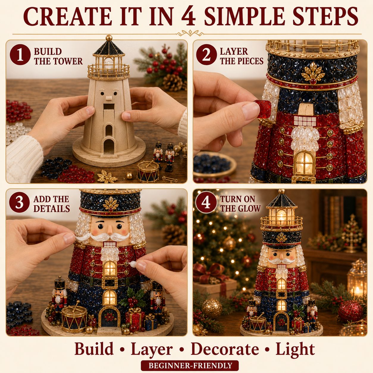 🎄Beginner-Friendly DIY Lighted Christmas Character Sea Glass-Style Lighthouse Kit Collection | Complete Kit with Sea Glass-Style Pieces, LED Lights & Step-by-Step Guide Included 💕