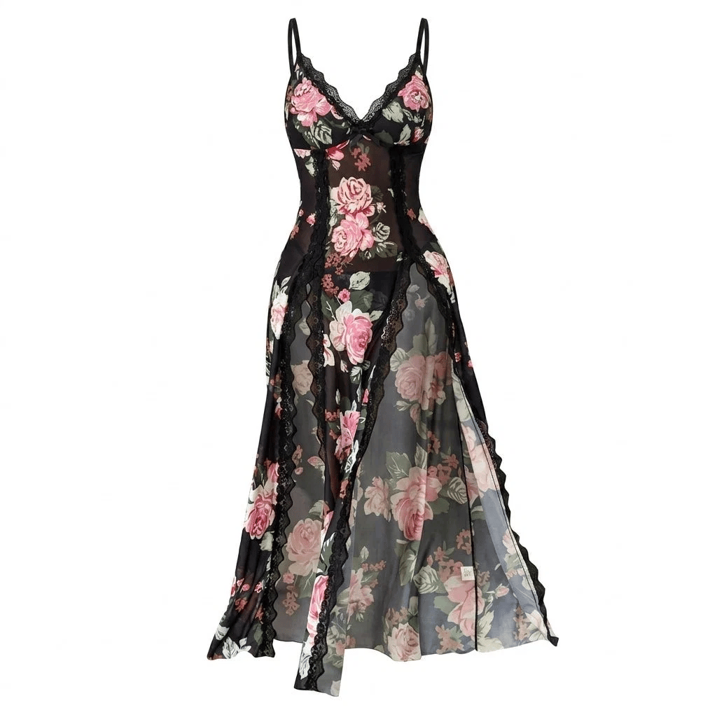 Sheer Floral Rose Print Maxi Dress