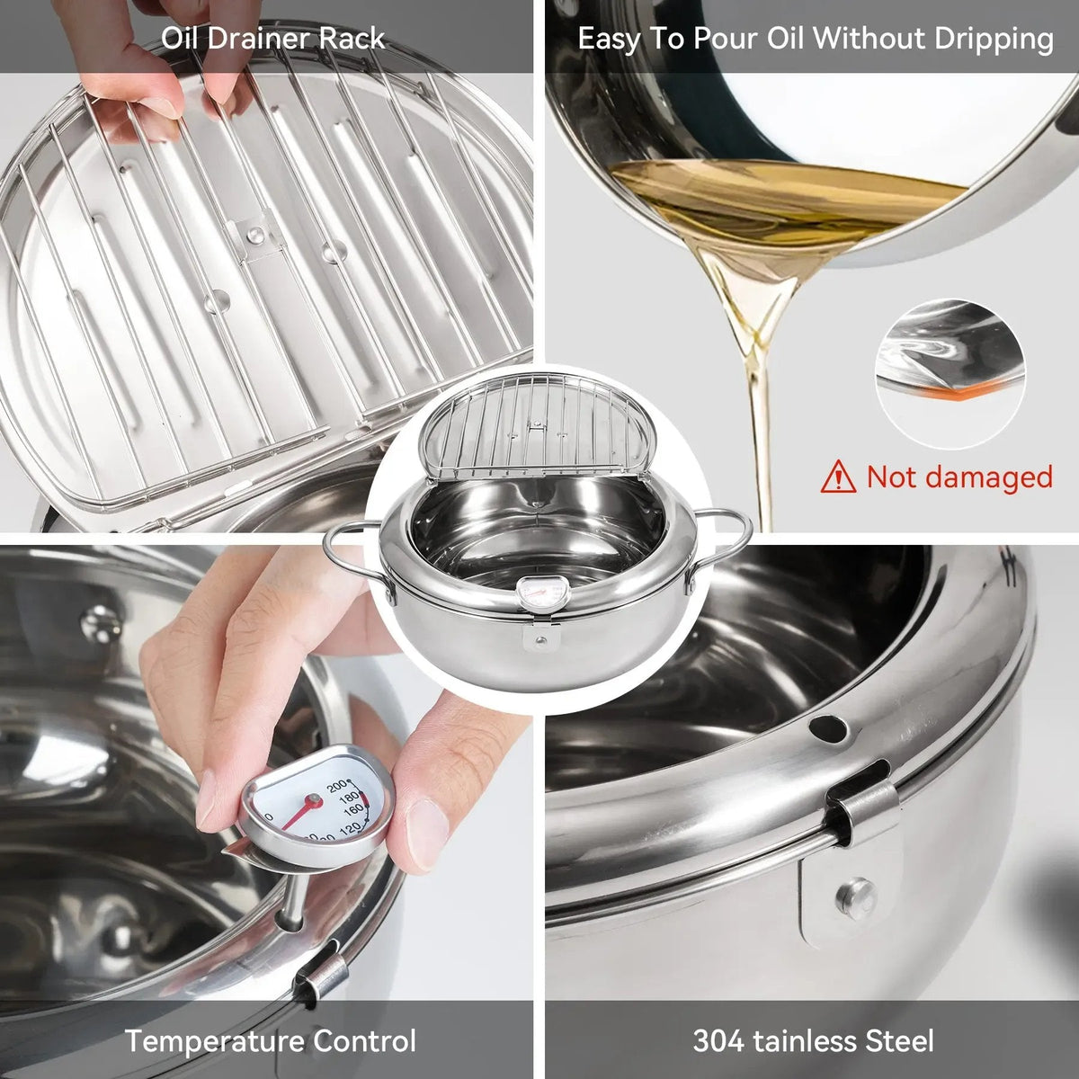 🥗Kitchen Essentials 🍳 304 Stainless Steel Frying Pot with Thermometer and Oil Drip Drainer Rack🎉