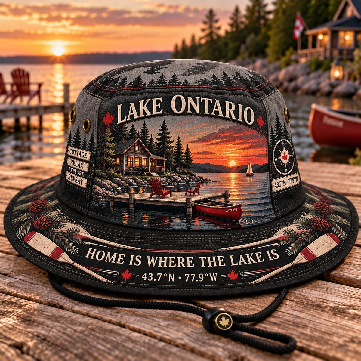 🔥LAST DAY 50% OFF - 🌊🍁 Lake Ontario Cottage Life Boonie Hat – Home Is Where the Lake Is (🧢100% Cotton)