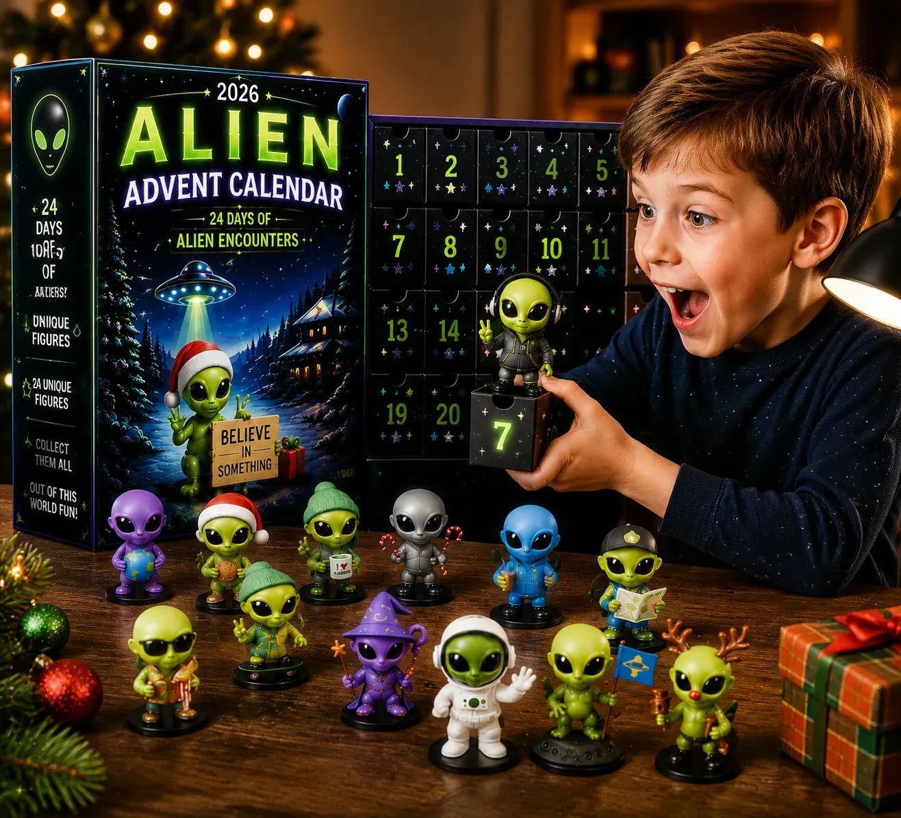 Child opening a daily Alien Advent Calendar surprise
