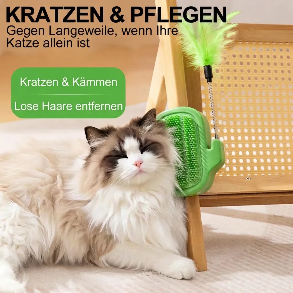 3-in-1-Eck-Massagebürste für Katzen | Wandmontierbare Kratz- und Massagehilfe mit Spielstab (mit Glöckchen) & optionalem Katzenminze-Ball