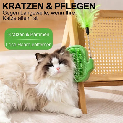 3-in-1-Eck-Massagebürste für Katzen | Wandmontierbare Kratz- und Massagehilfe mit Spielstab (mit Glöckchen) & optionalem Katzenminze-Ball