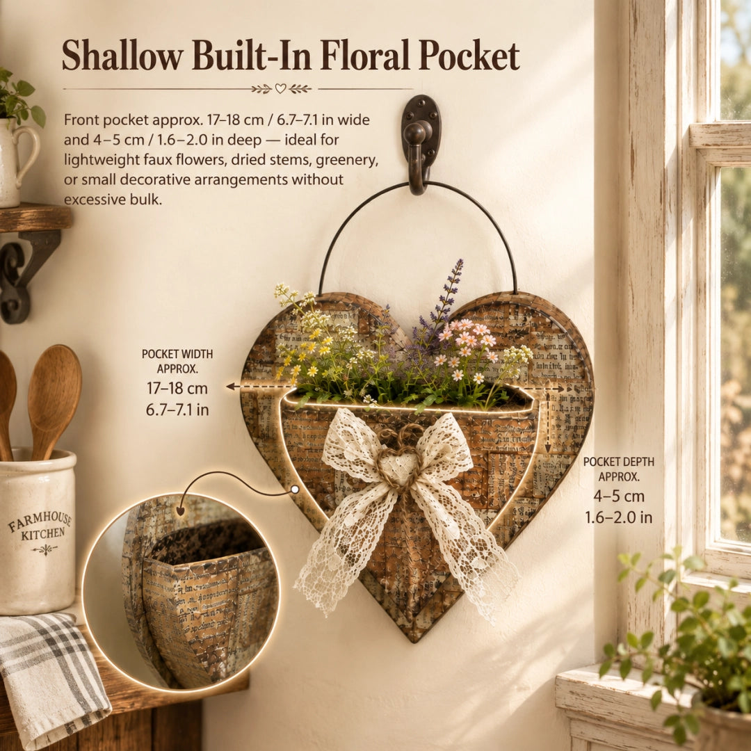 Vintage Farmhouse Heart Wall Planter with Lace Bow