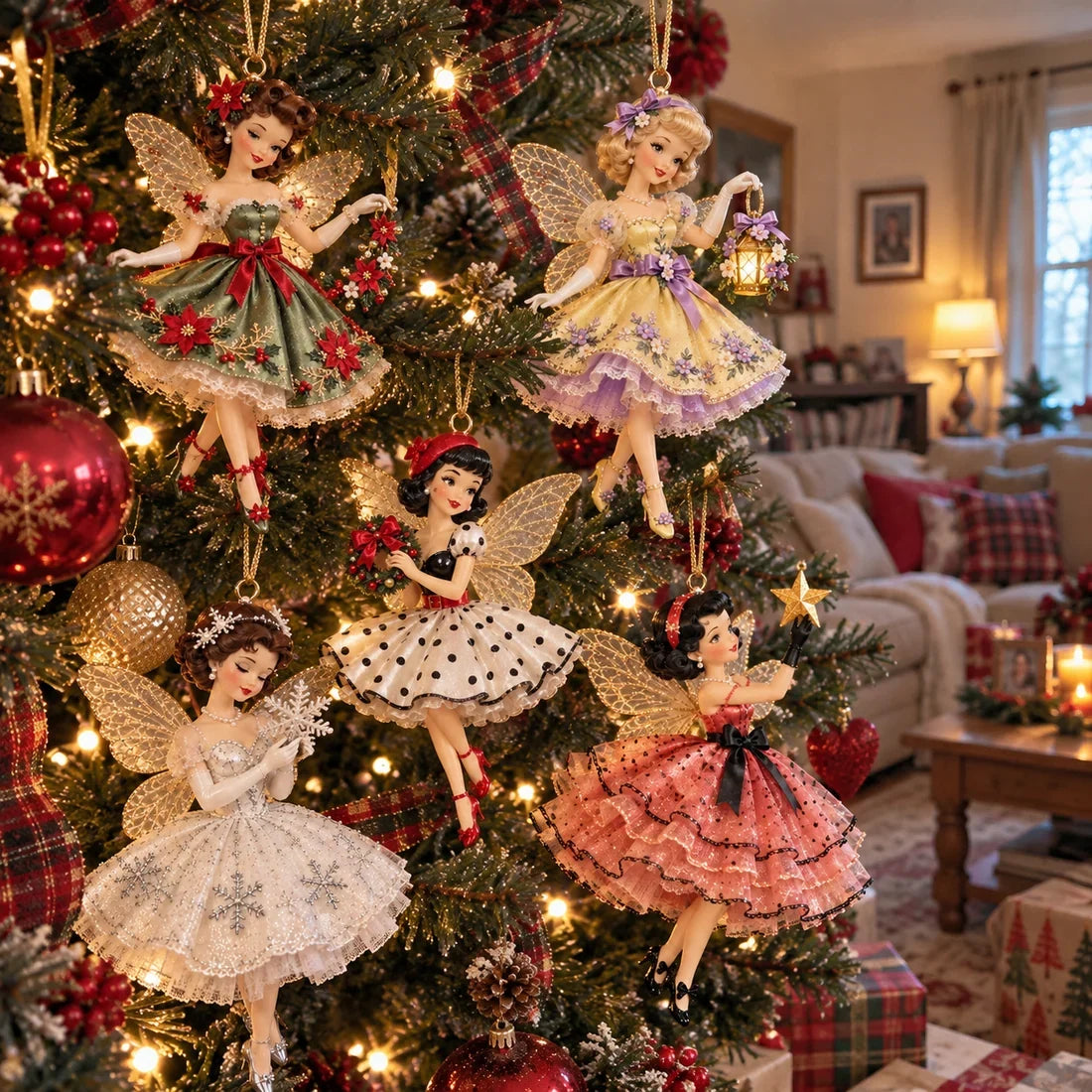 Vintage fairy Christmas ornaments arranged together on a decorated Christmas tree
