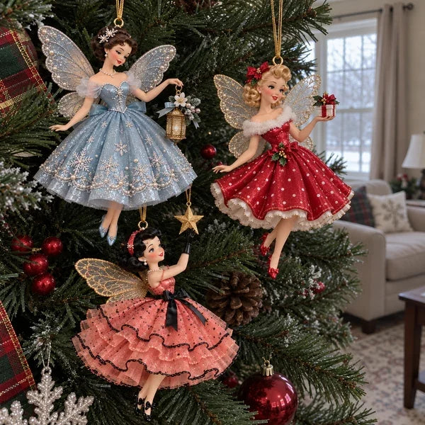 Fairy ornaments hanging on a Christmas tree in natural daylight