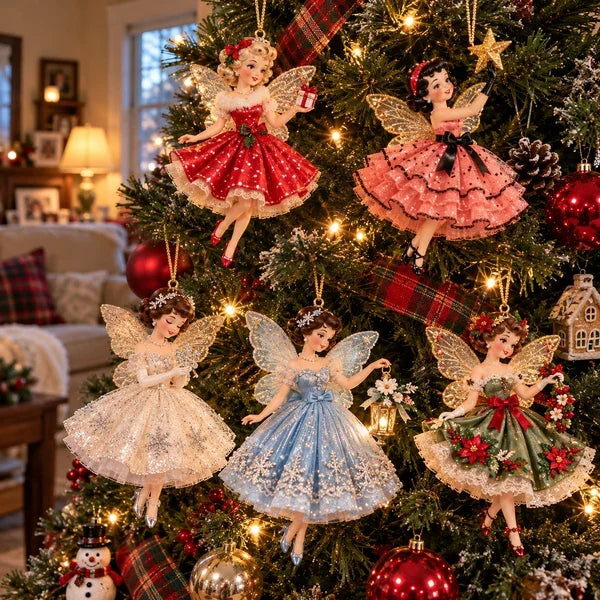 Vintage fairies among warm Christmas tree lights