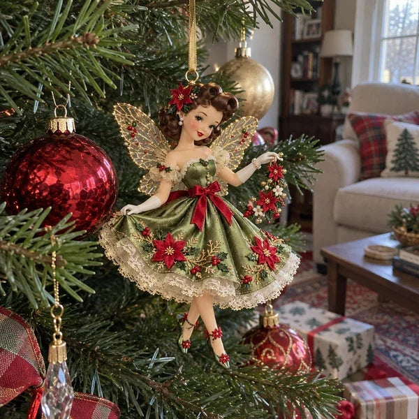 Poinsettia Belle green fairy Christmas ornament