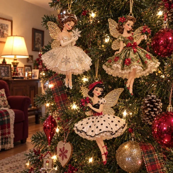 Classic fairy Christmas tree styling with red plaid ribbon