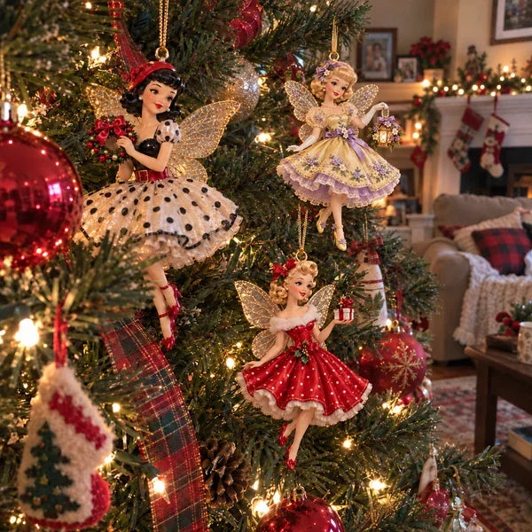 Three vintage fairy Christmas ornaments among holiday lights