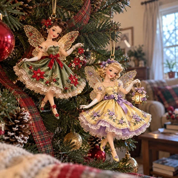 Two vintage fairy Christmas ornaments in coordinated yellow and green outfits