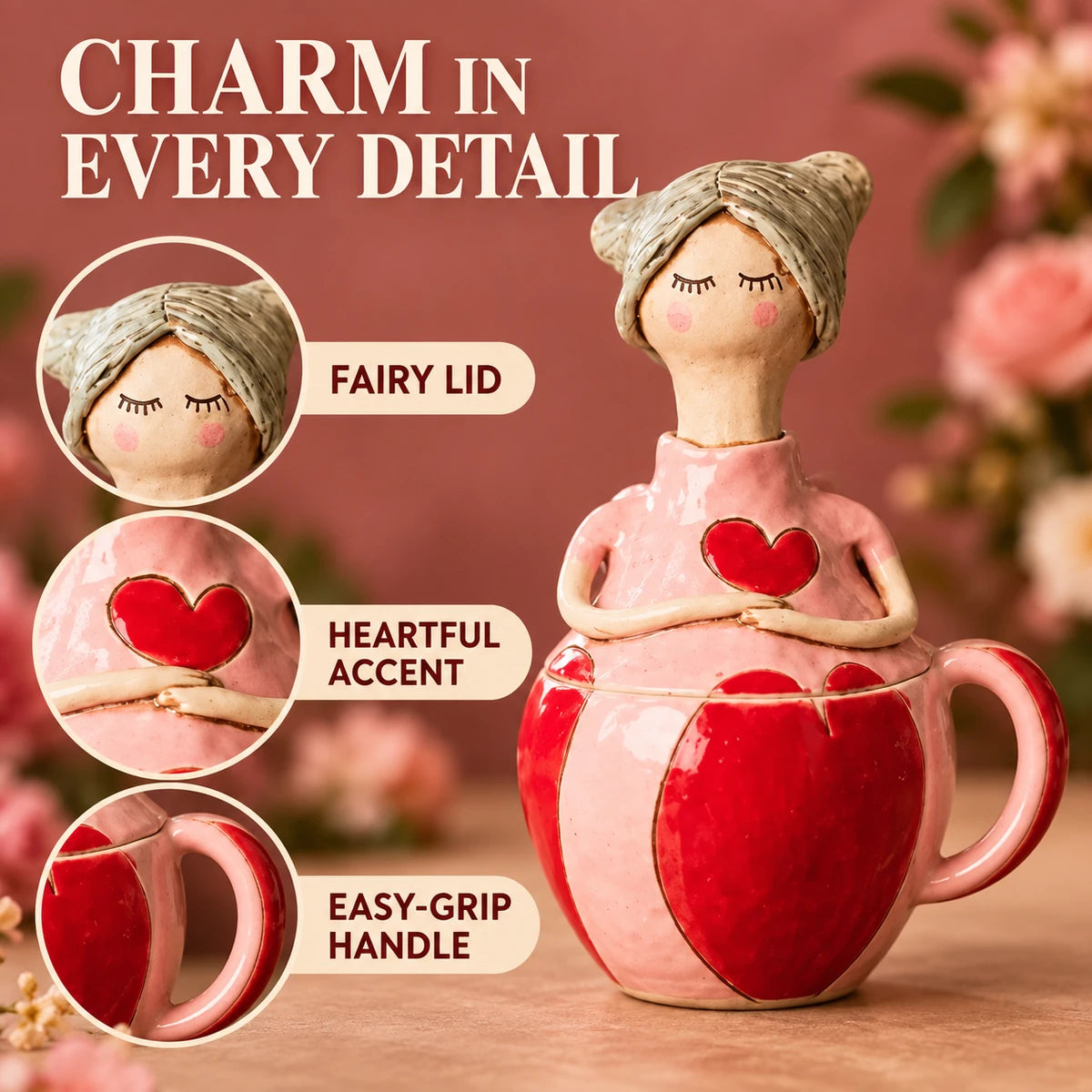 Close-up details of the fairy lid heart accents and mug handle