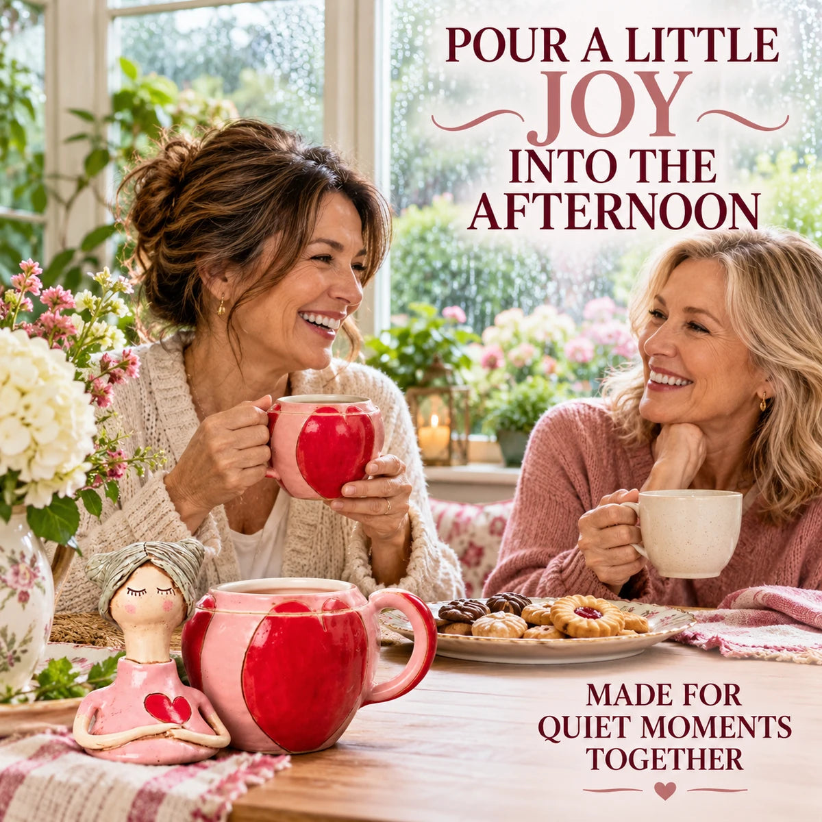 Two women sharing a cozy tea moment with the fairy mug