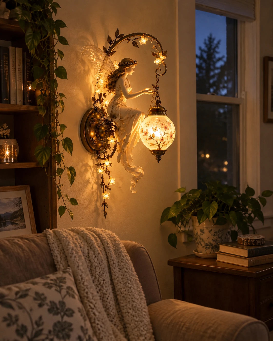 Customer review lifestyle photo of the fairy wall light glowing at night