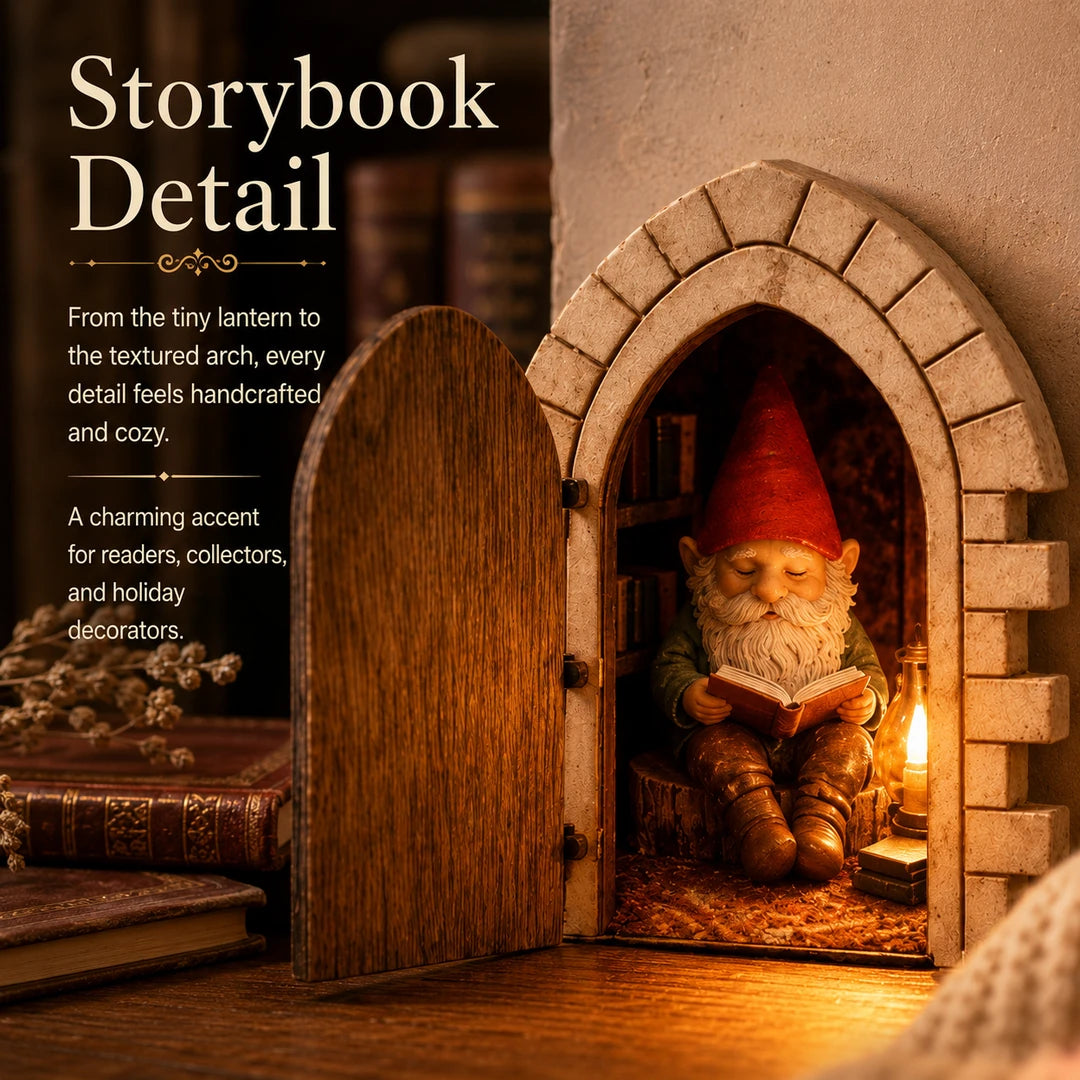 Close-up of the miniature fairy door interior with a reading gnome and warm lantern