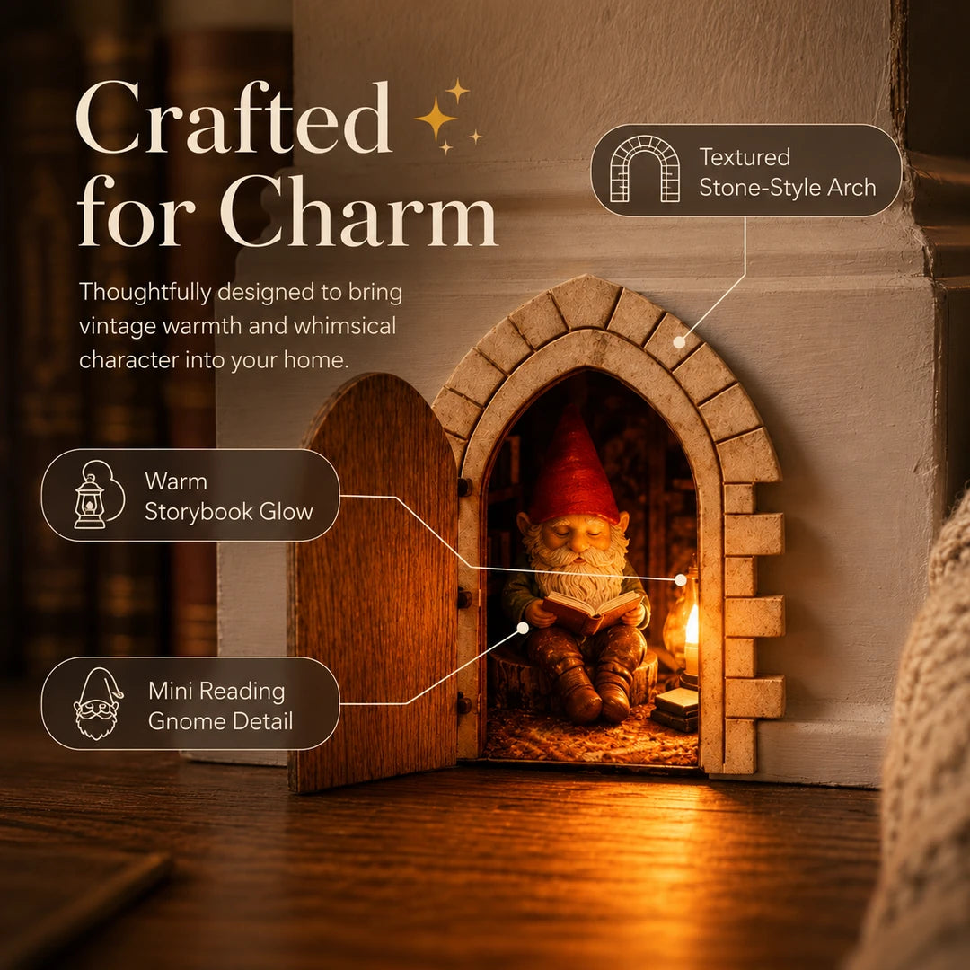 Feature callouts highlighting the stone-style arch, warm glow and miniature reading gnome