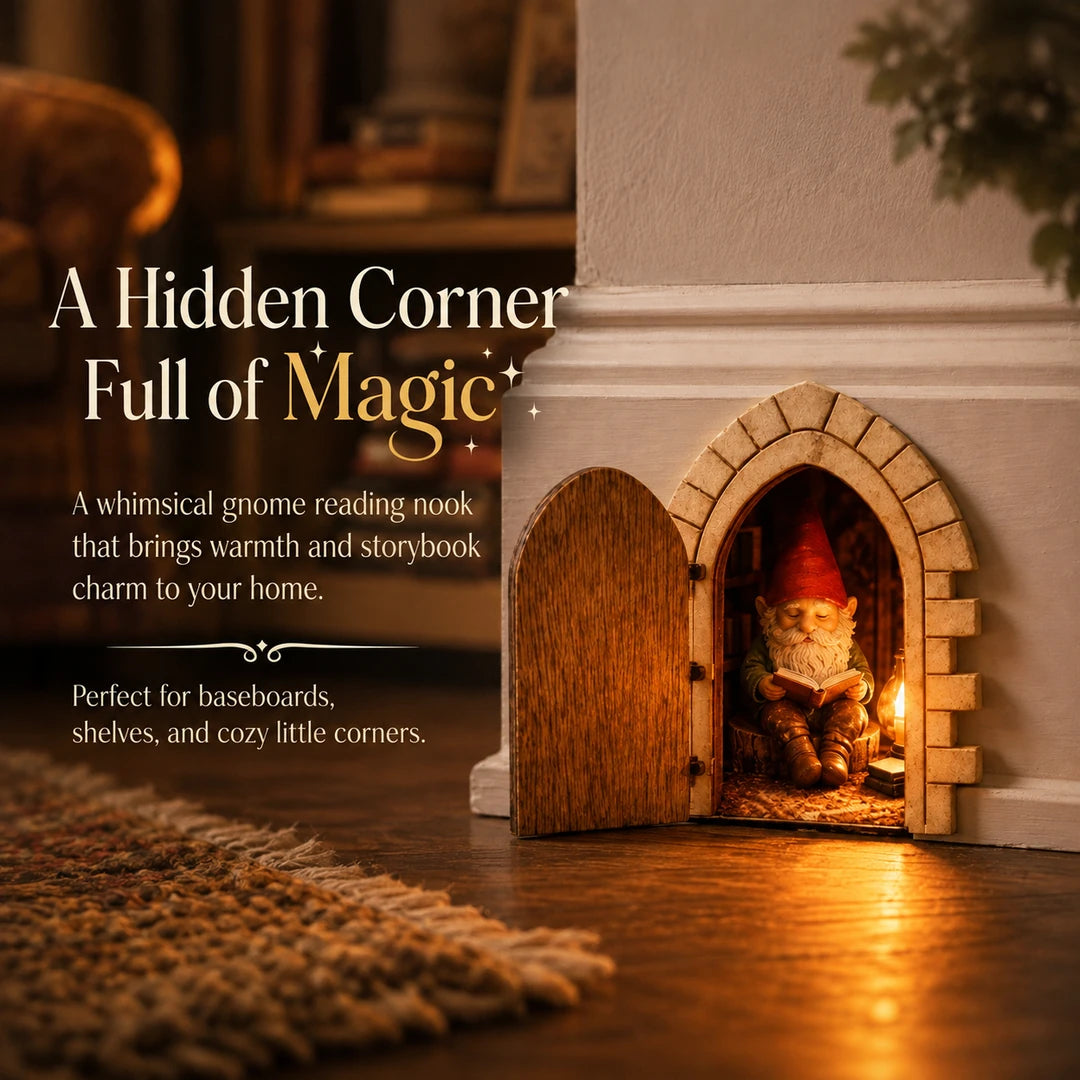 The Fairy Door That Opens displayed along a baseboard with a glowing reading gnome inside