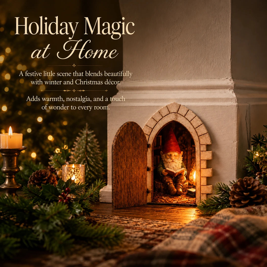 The Fairy Door styled with warm holiday greenery and candlelight