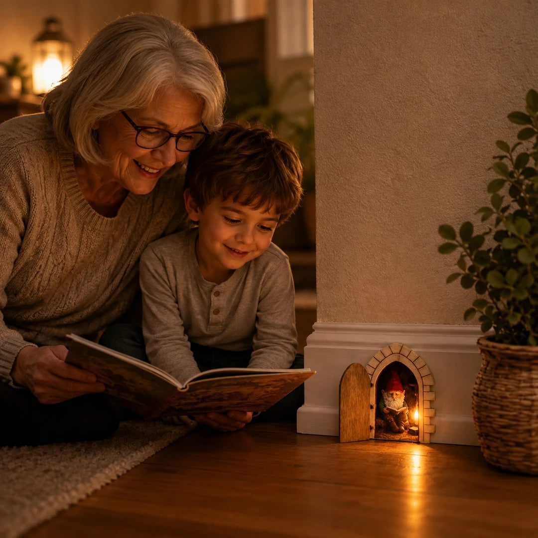 Grandmother and child enjoying storytime next to the glowing fairy door