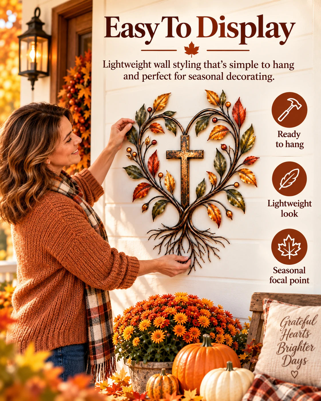 Autumn cross wall decor displayed on porch