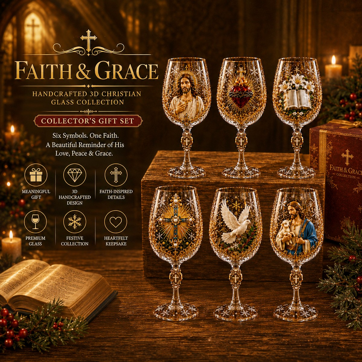 Faith and Grace six-piece Christian wine glass collection