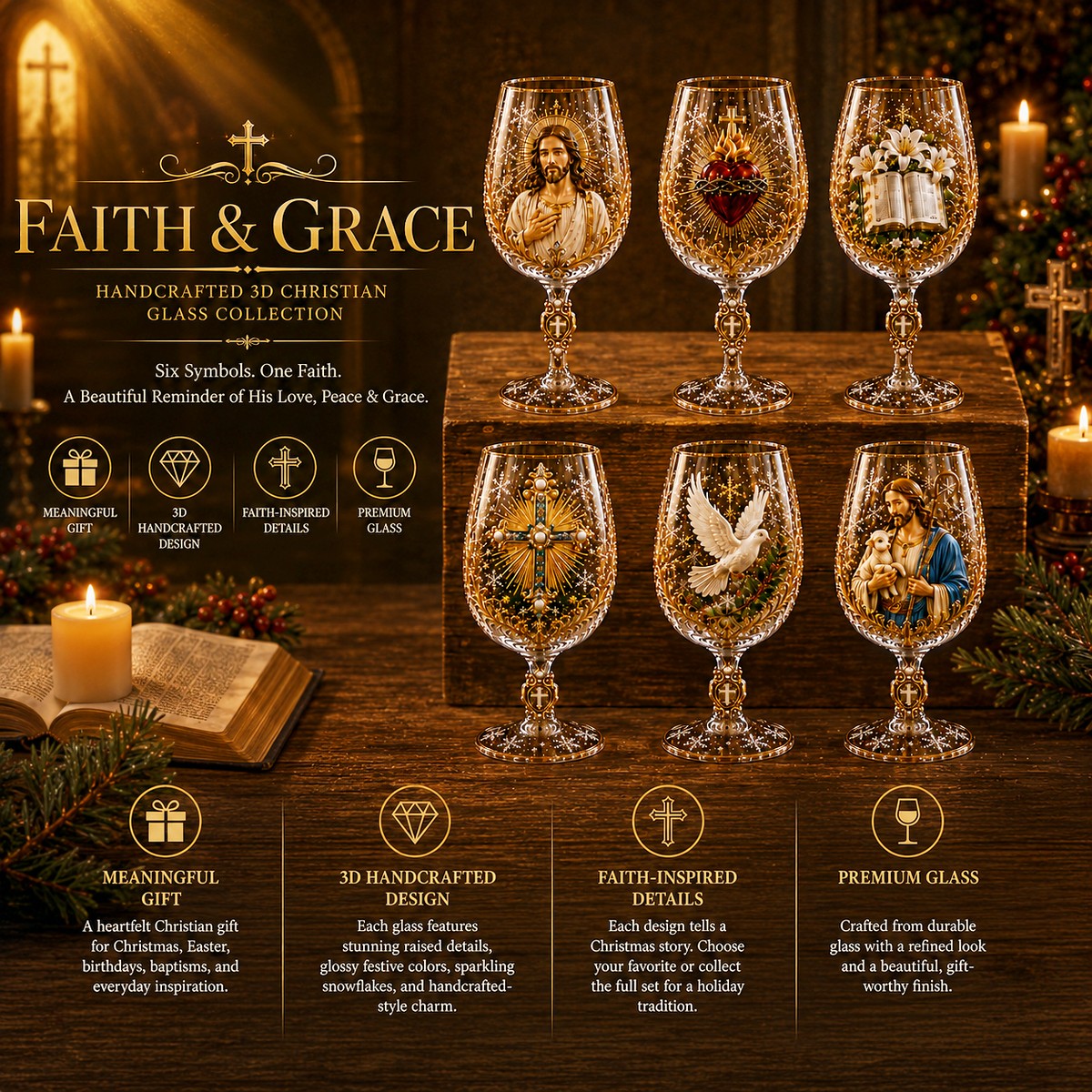 Christian wine glasses with raised faith-inspired decorative details