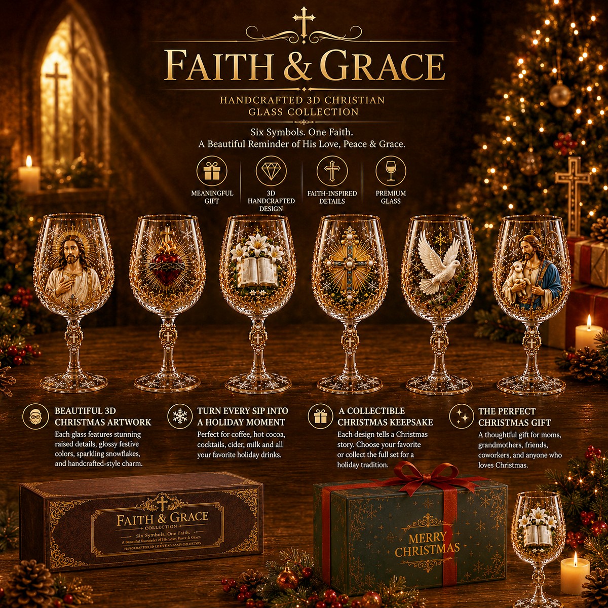 Complete Faith and Grace Christian wine glass collection with gift box