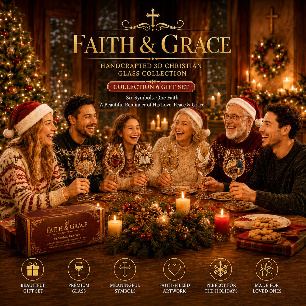 Family celebrating Christmas together with Faith and Grace Christian wine glasses