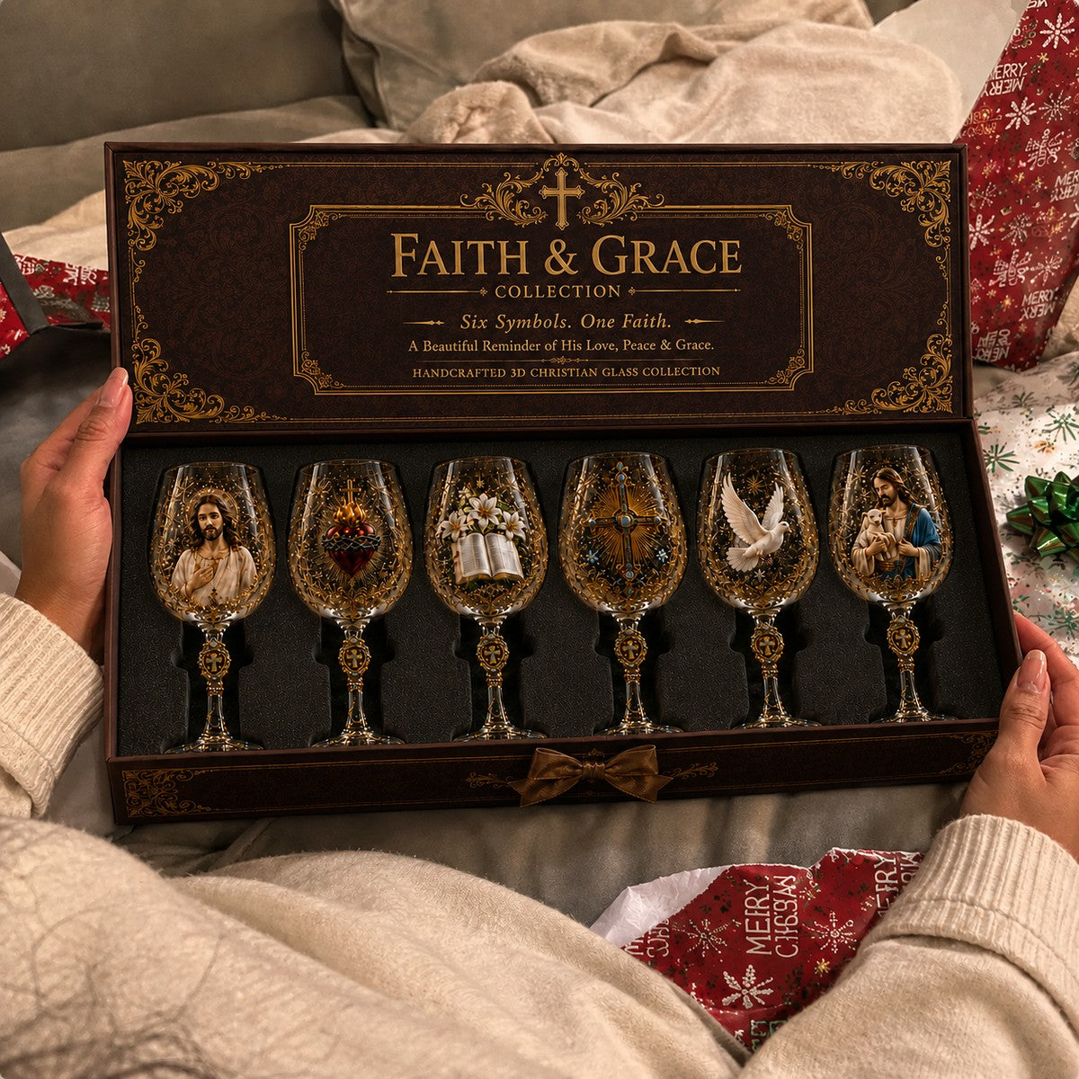 Faith and Grace six-piece Christian wine glass gift set opened at Christmas