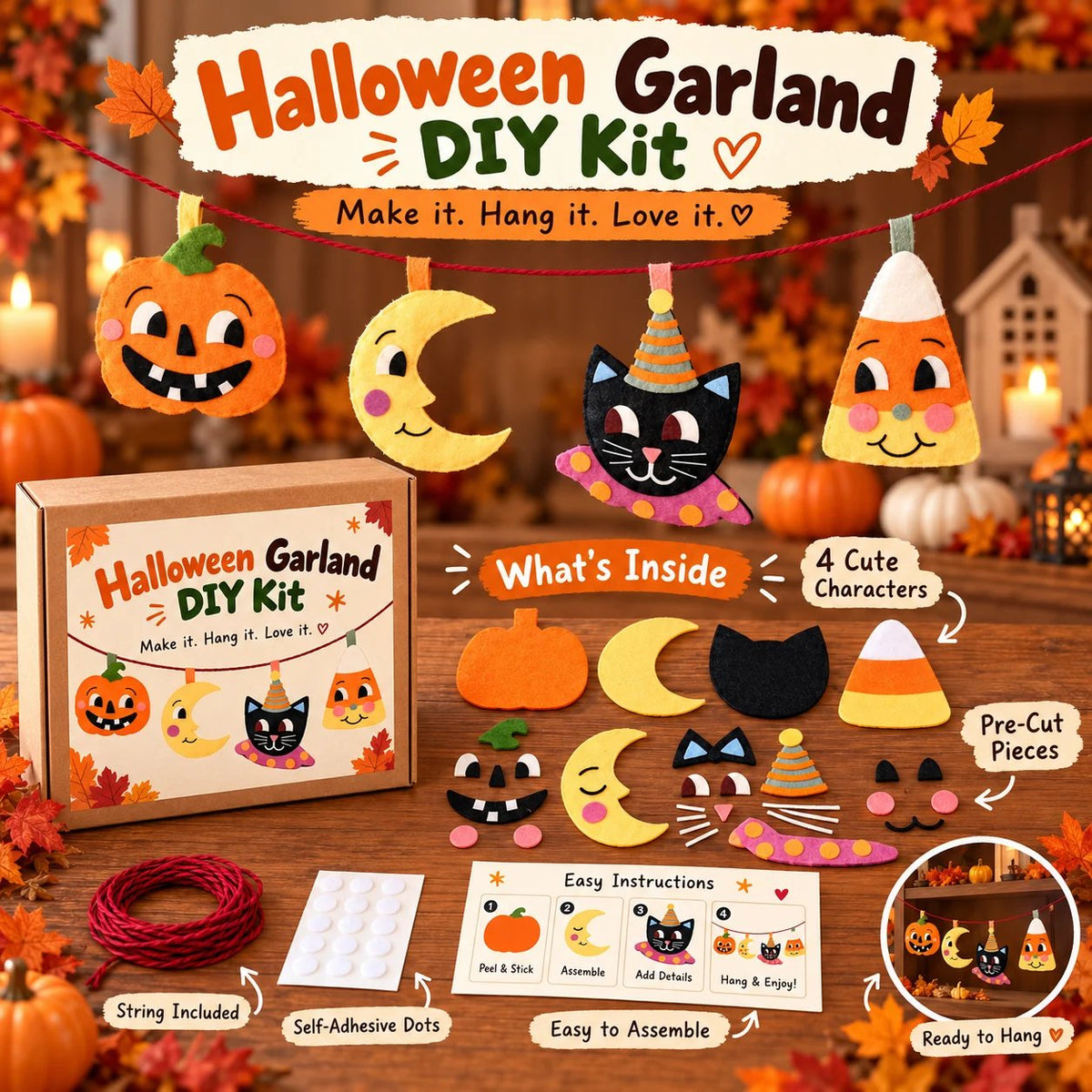 🎃 Halloween Garland DIY Kit – Cute Felt Craft with Pumpkin, Moon, Black Cat & Candy Corn 🐈‍⬛🌙