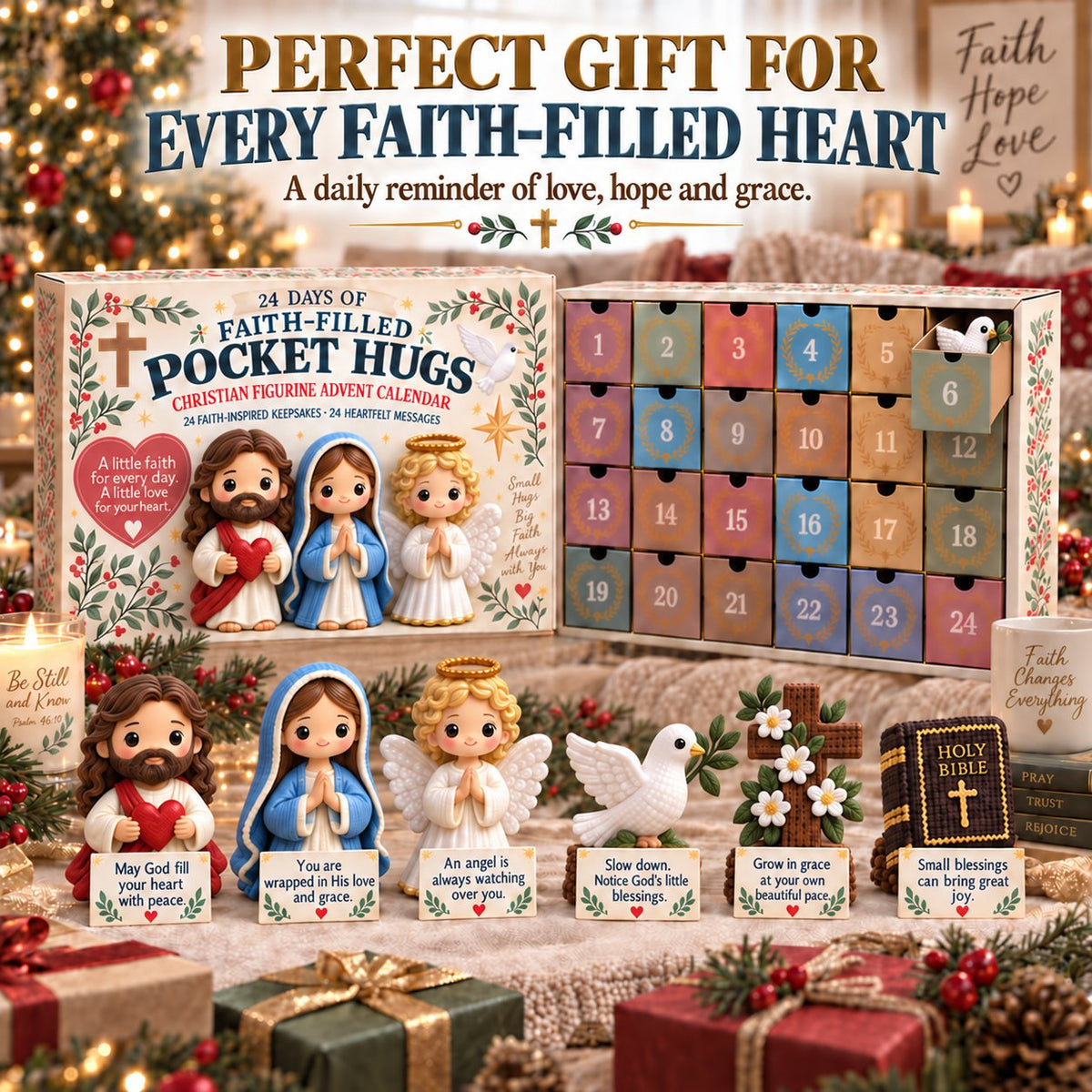 ✝️ 24 Days of Faith-Filled Pocket Hugs™ Advent Calendar | 24 Unique Hand-Painted Christian Keepsakes with Matching Encouragement Cards & No Repeated Designs 🎁